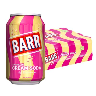 BARR 24 Pack American Cream Soda, Zero No Sugar Sparkling Soft Drink with a Creamy Taste of American Cream Soda Fizzy Pop, 24 x 330ml Cans