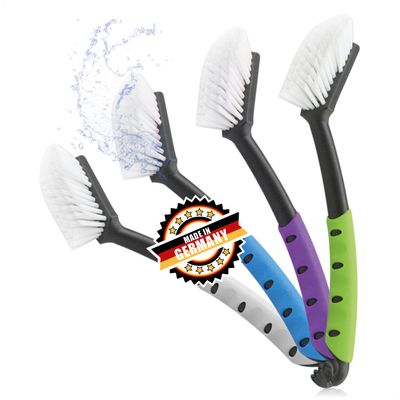 COM-FOUR 4x dishwashing tool - kitchen cleaner with robust nylon bristles - dish scrubber 29 cm length - washing-up utensil made of plastic - "MADE IN GERMANY" (4 pieces - green/white/azure/berry)