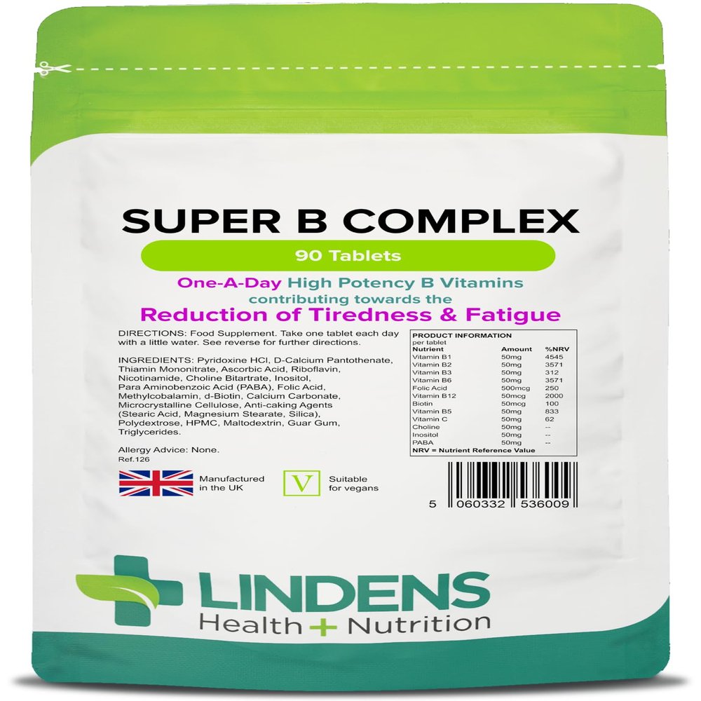 Lindens - Super B Complex Tablets - 90 Pack - UK Made - 3 Months Supply with a Full Spectrum of B Vitamins and Vitamin C - Reduces Tiredness and Fatigue - Letterbox Friendly, Vegan
