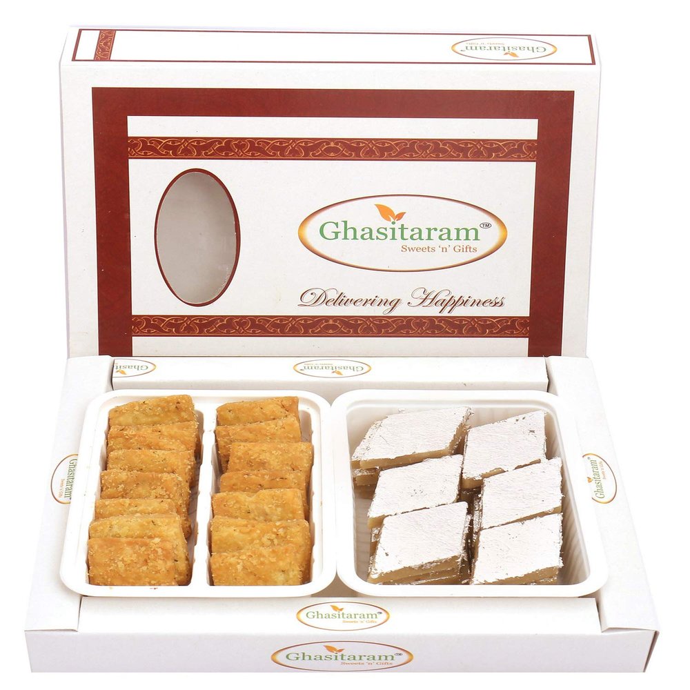 Ghasitaram Gifts Indian Sweets - Kaju Katli and Methi Mathri Diwali Hampers