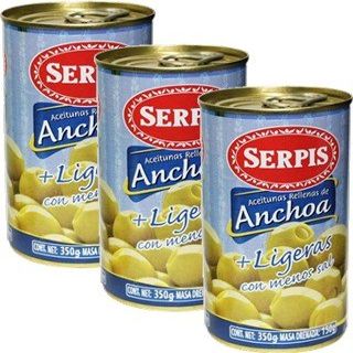 Serpis - Green Olives Low in salt Stuffed with Anchovies. 12.34 oz Pack of 3