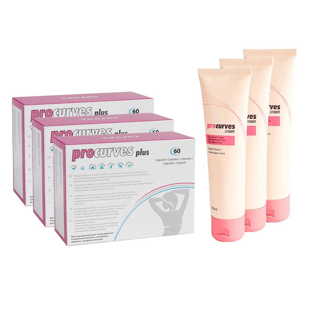 3 Procurves Plus + 3 Procurves Cream: Natural Breast Enhancement Capsules and Cream