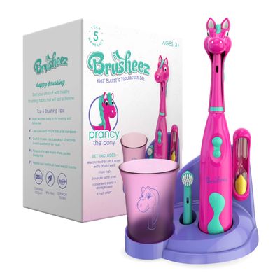 Brusheez Kids Electric Toothbrush Set - Safe & Effective for Ages 3+ - Parent Tested & Approved with Gentle Bristles, 2 Brush Heads, Rinse Cup, 2-Minute Timer, & Storage Base (Prancy The Pony)