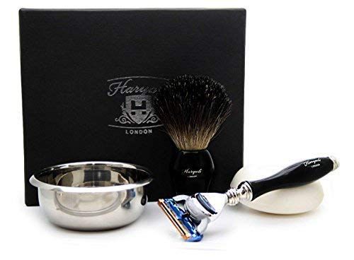 Haryali London 4 Pieces Men's Shaving/Grooming Kit In Black. The Set includes Black Badger Hair Shaving Brush, 5 Edge Razor, Stainless Steel Bowl & FREE Soap. Ideal Gift For HIM