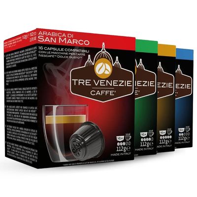 64 Tre Venezie Italian Coffee, Dolce Gusto Compatible Capsules / Pods, Mixed Box. 16 capsules per box. 0.23p per capsule