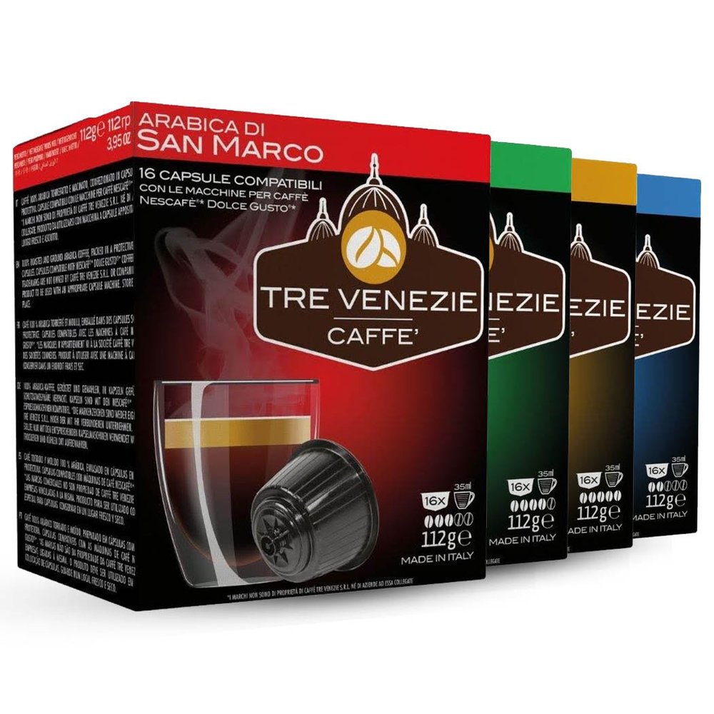 64 Tre Venezie Italian Coffee, Dolce Gusto Compatible Capsules / Pods, Mixed Box. 16 capsules per box. 0.23p per capsule