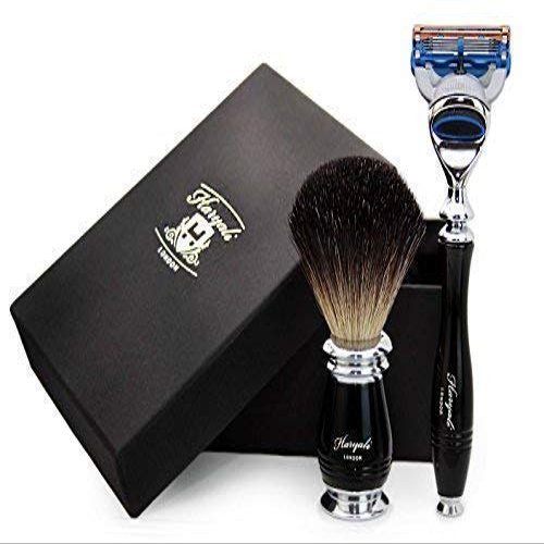 100% Pure Black Badger Hair Brush with Black & Metal Handle & 5 Edge Razor with Black Handle. Perfect Set for Smooth Finish. for Men's