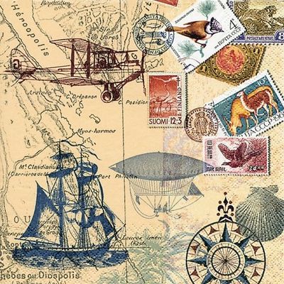 20 Napkins 33 x 33 cm Around the World Aeroplane Ship Sea Stamp