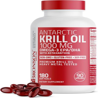 Bronson Antarctic Krill Oil 1000 mg with Astaxanthin, 180 Softgels (90 Servings)