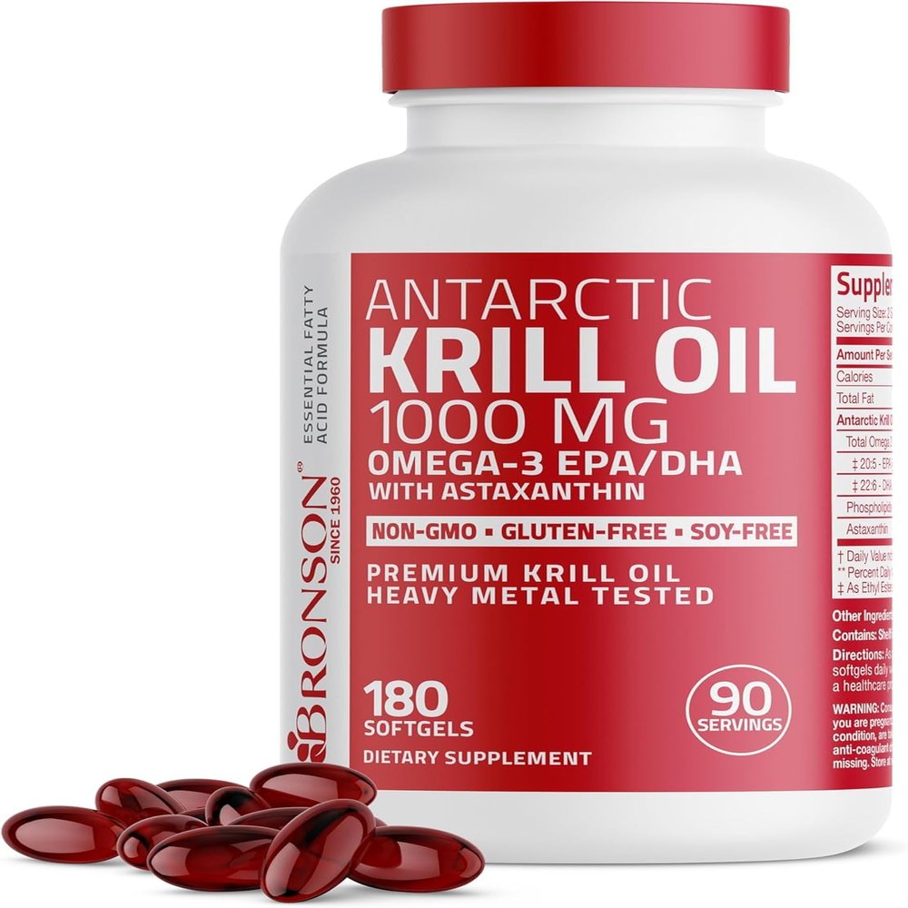 Bronson Antarctic Krill Oil 1000 mg with Astaxanthin, 180 Softgels (90 Servings)