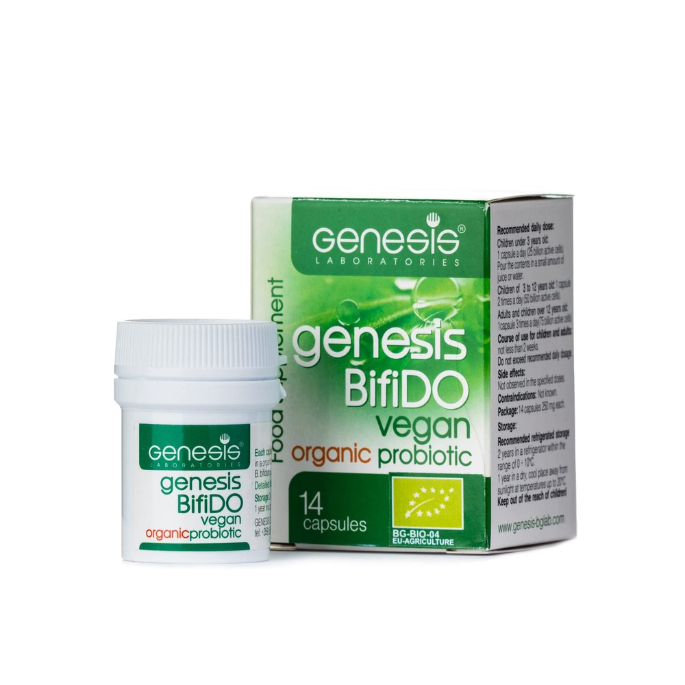 Genesis Bifido Bio Vegan Probiotic with Lactobacillus and Bifidobacterium Strains May Support Gut Helth, Digestion, Immune System 250 Mg per Capsule 14 caps