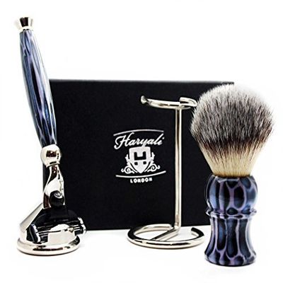 4 Pieces Men's Shaving Set in Resin Handle Comes with Synthetic Hair Shaving Brush,Triple Edge Razor, Razor & Brush Stand.