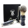 4 Pieces Men's Shaving Set in Resin Handle Comes with Synthetic Hair Shaving Brush,Triple Edge Razor, Razor & Brush Stand. view 4