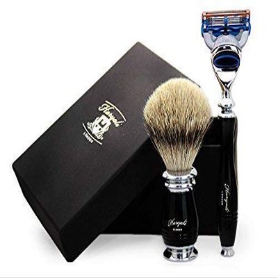 100% Pure Silver Tip Badger Hair Brush with Black & Metal Handle & 5 Edge Razor With Black Handle. Perfect Set for Smooth finish. For Men's