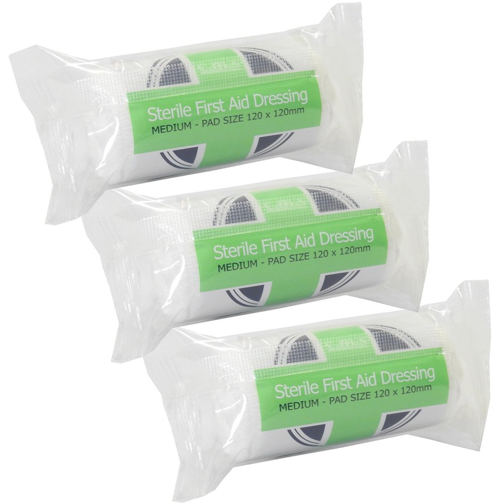 3 x CMS Medical Sterile First Aid HSE Wound Cut Dressing Bandage Medium 12x12cm