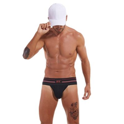 F plus R Mens Strip Waistband Athletic Supporter Jockstrap Sexy Swimwear - Black - XL