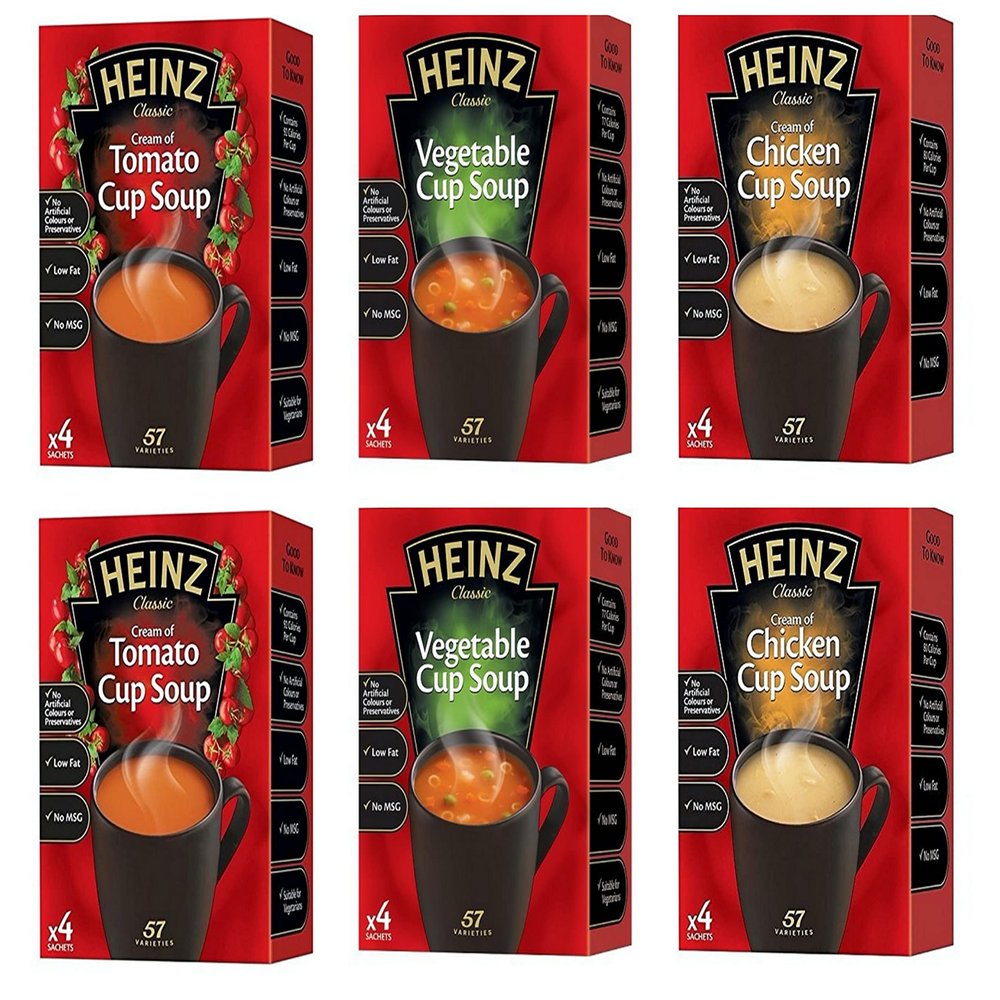 Heinz Cup Soup Variety Bundle 6 Boxes Tomato, Chicken & Vegetable Flavours 2 Packs x 4 Sachets of Each Instant Broth. Exclusive Kingdom Supplies Recipe Tips Sheet.