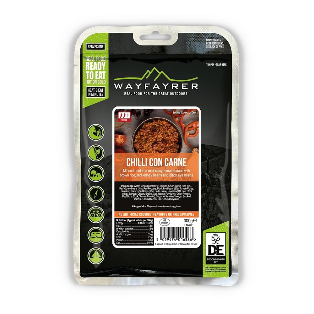 Wayfayrer Chilli Con Carne & Rice 300g Ready to Eat, Hot or Cold, Meal Pouch Recommended for Duke of Edinburgh's Award Expeditions, Camping, Hiking, Fishing and Outdoor Adventures