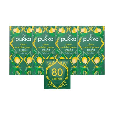 Pukka Herbs | Clean Matcha Green Organic Tea Box | Green Tea, Lemon, Fennel and Matcha Powder | Perfect for Everyday Vitality | 4 Packs | 80 Plant Based Biodegradable Tea Bags