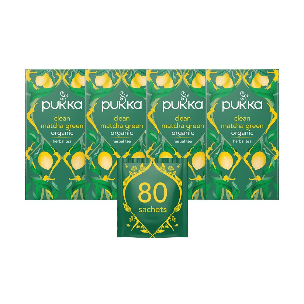 Pukka Herbs | Clean Matcha Green Organic Tea Box | Green Tea, Lemon, Fennel and Matcha Powder | Perfect for Everyday Vitality | 4 Packs | 80 Plant Based Biodegradable Tea Bags