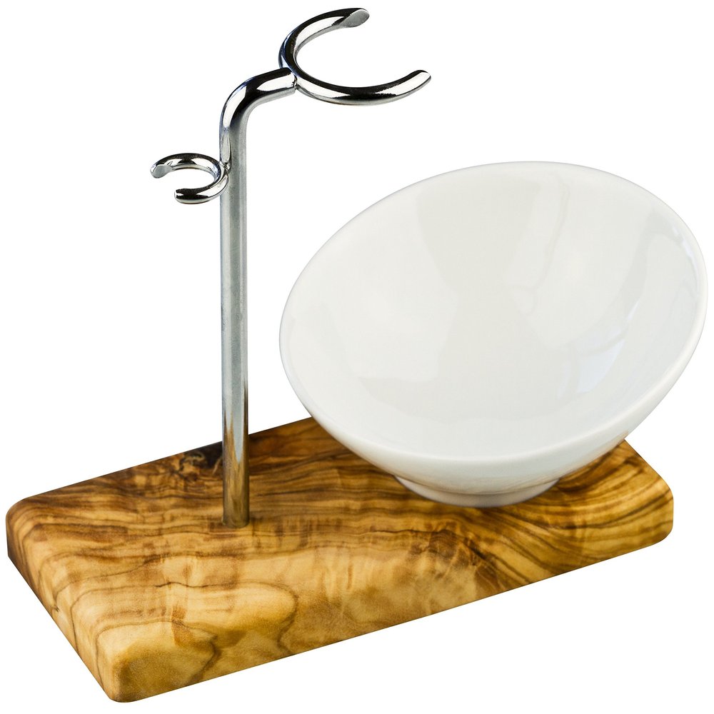 GREENDOOR Shaving Brush Holder, Shaving Brush Stand Made of Olive Wood & Steel & Porcelain Bowl, Beautiful Set, Gift for Men, Gifts Shaving Stand Razor Holder