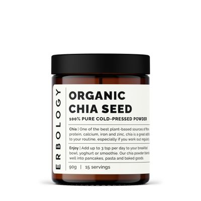 Erbology Organic Chia Powder 90g - Cold-Pressed from 100% Chia Seeds - Rich in Fibre, Protein and Minerals - Raw, Vegan and Gluten-Free - Non-GMO - Recyclable Glass Jar