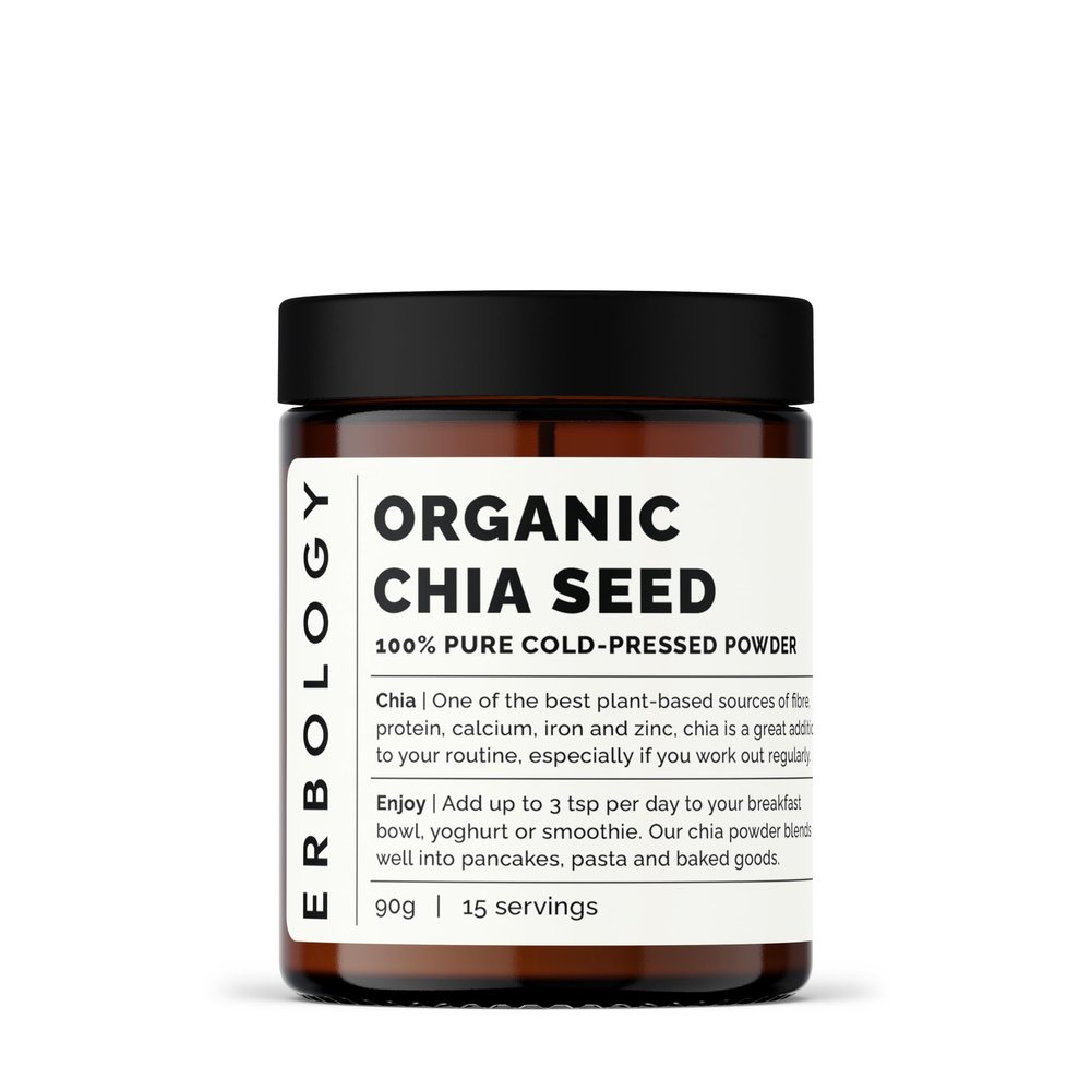 Erbology Organic Chia Powder 90g - Cold-Pressed from 100% Chia Seeds - Rich in Fibre, Protein and Minerals - Raw, Vegan and Gluten-Free - Non-GMO - Recyclable Glass Jar
