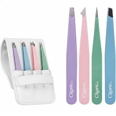 4-Piece Professional Tweezers Set with Case | Stainless Steel | Best Precision for Eyebrow, Splinter & Ingrown Hair Removal | Includes: Slant, Point, Straight, & Point/Slant