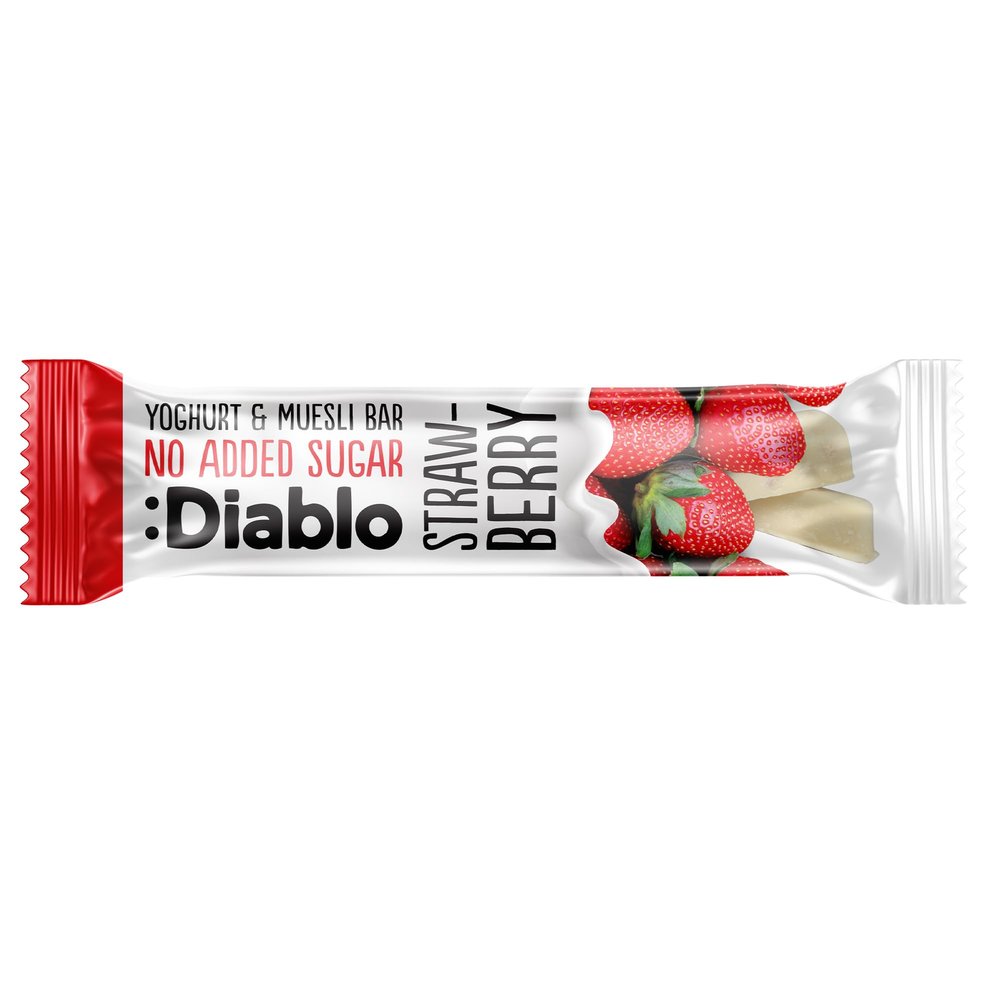 Diablo Yoghurt & Muesli Bar No Added Sugar Healthy Snacks Breakfast Bar Sweetened with Maltitol, Low Sugar Snacks Food, Great for Gifting, Work, School, or Travel Strawberry, 30g (Pack of 1)