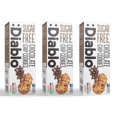 Diablo Sugar Free Chocolate Chip Cookies  Low Sugar Snacks, Delicious Cookies Biscuits for All, Sweetened with Maltitol, Ideal for Gifting, Festive Hampers & Holiday Events  130g Pack of 3