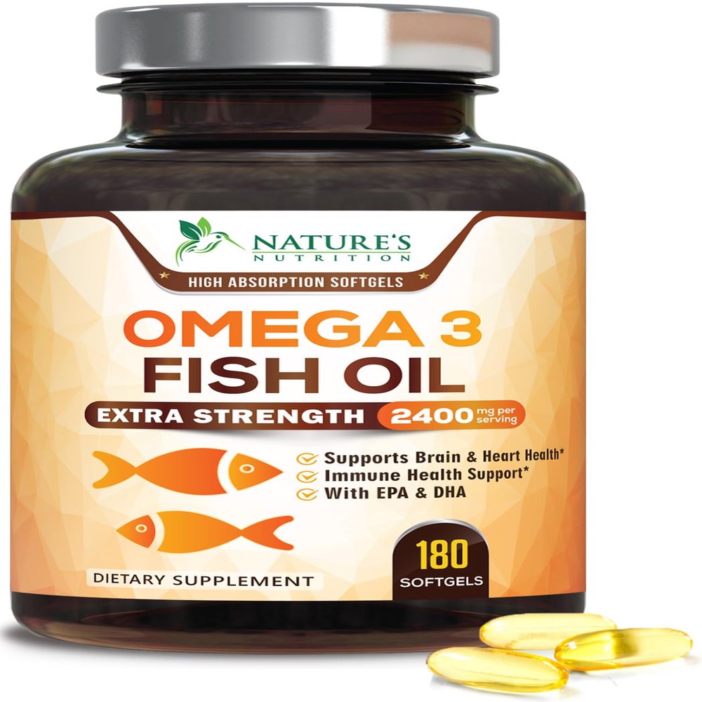 Omega 3 Fish Oil 2400 mg  Triple Strength EPA & DHA Fatty Acids for Heart, Brain & Joint Support  Wild-Caught, Burpless, Lemon Flavor Supplement  Natural, Non-GMO, Gluten-Free  180 Softgels
