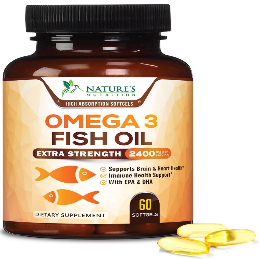 Omega 3 Fish Oil 2400 mg  Triple Strength EPA & DHA Fatty Acids for Heart, Brain & Joint Support  Wild-Caught, Burpless, Lemon Flavor Supplement  Natural, Non-GMO, Gluten-Free  60 Softgels