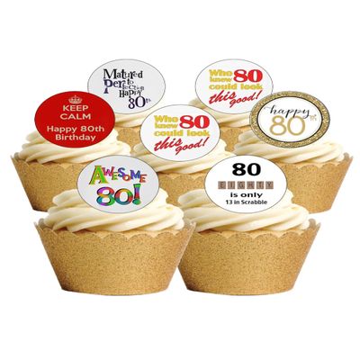 24 Precut Age 80 Eighty Eightieth 80th Birthday Edible Wafer Paper Cake Toppers Decorations