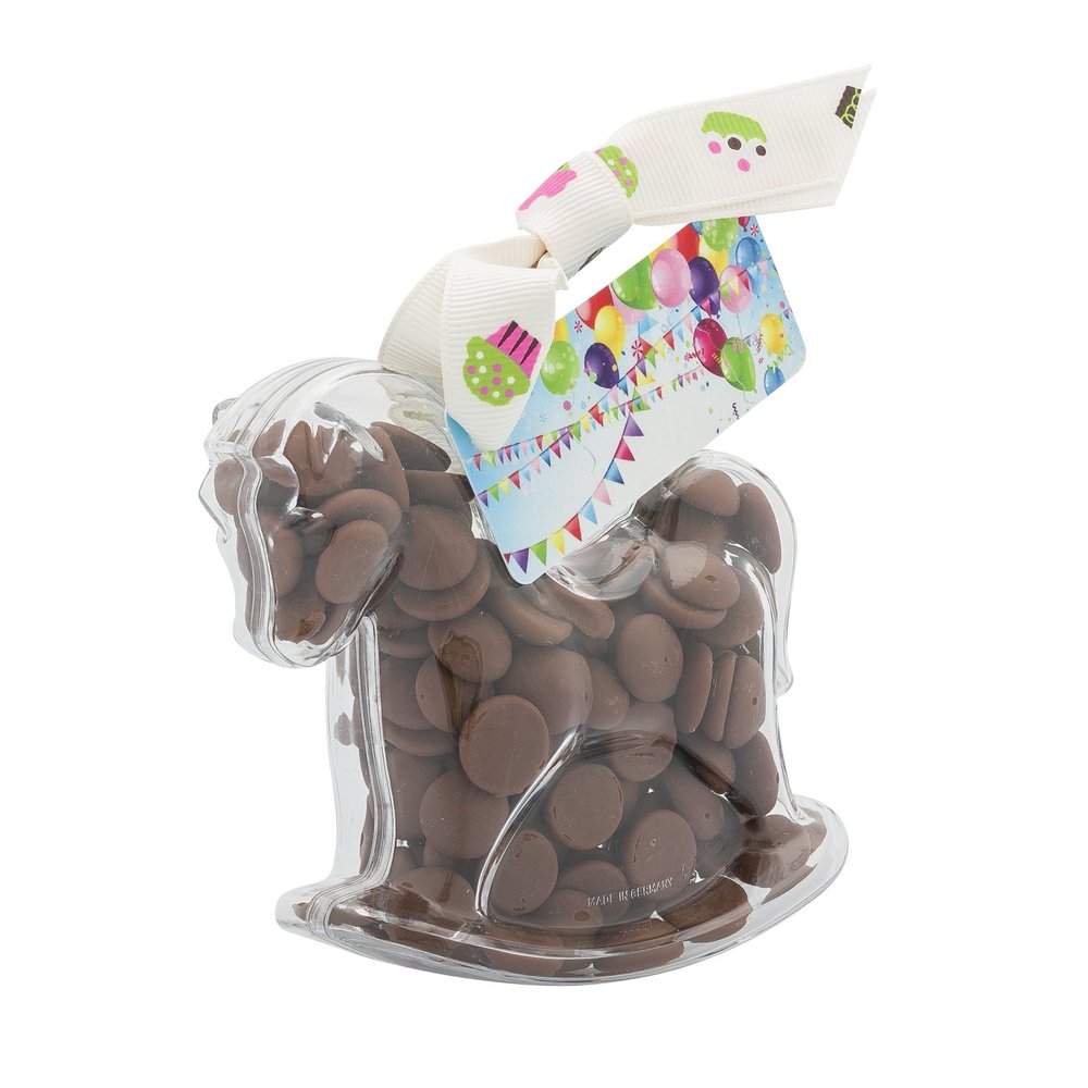 ButtonChocs Birthday Chocolate Rocking Horse - Birthday Balloons. A Little Belgian Milk Chocolate Birthday Gift. Pony Gift, Horse Gift.