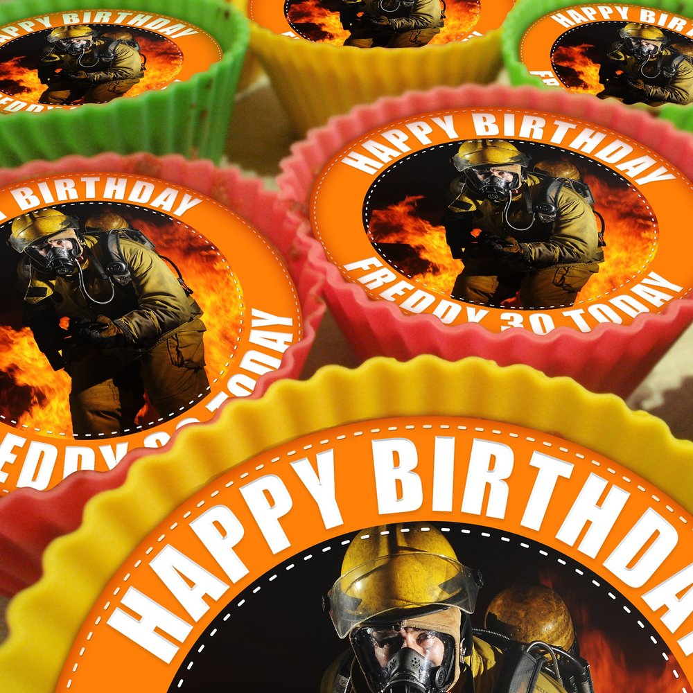 Fireman Firefighter Cupcake Toppers, 20 x 5cm, PERSONALISED Edible on Icing Sheet with HI-RES IMAGE
