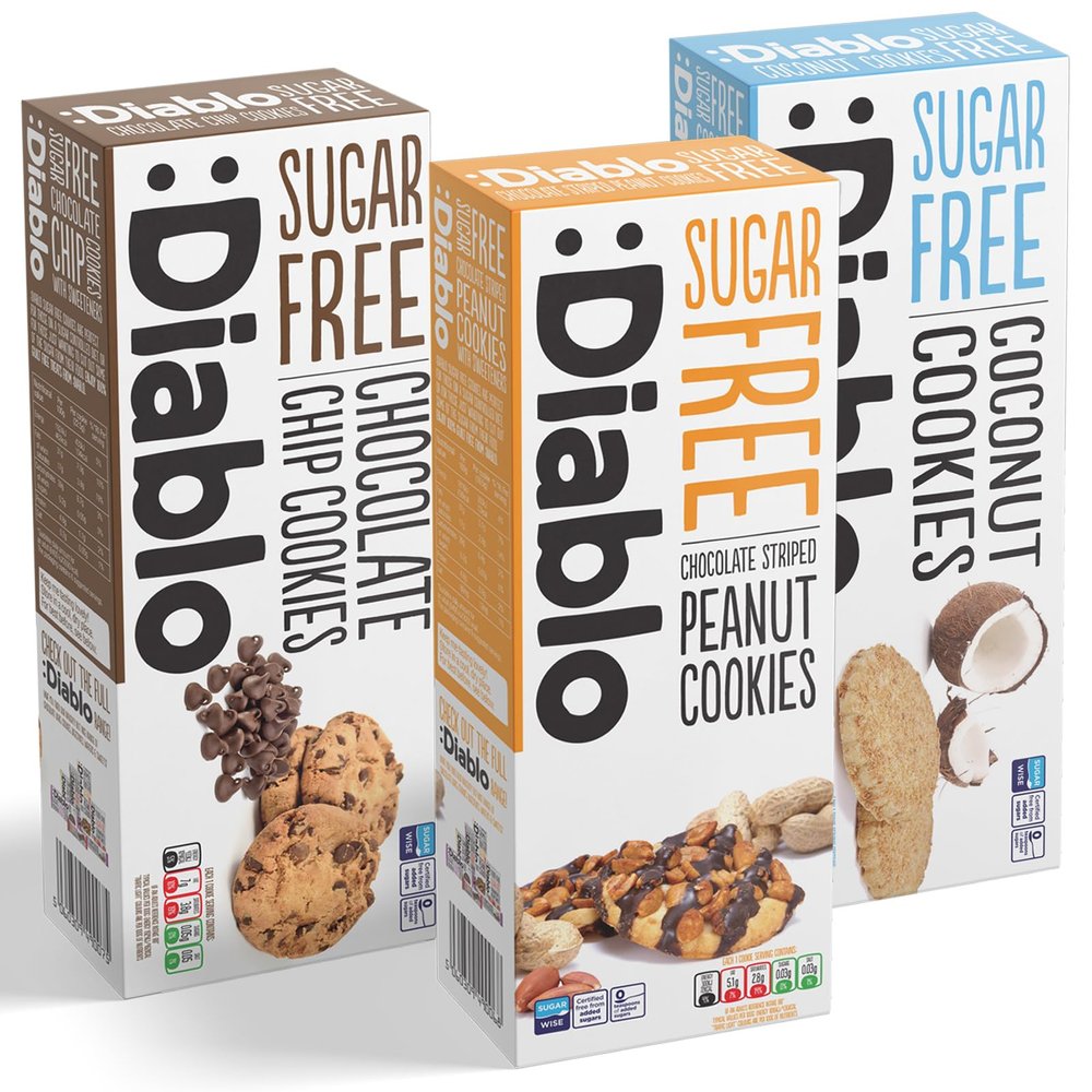 Diablo Sugar-Free Cookies  Mixed Flavours No Sugar Cookies Luxury Biscuits, Healthy Crunchy Snacks Gift Box for Adults, Kids and Families  Coconut, Peanuts, Chocolate Chip, Pack of 3