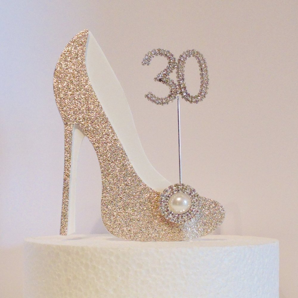 30th Birthday Cake Decoration Gold and White Shoe with Crystal Button Embellishment and Diamante Number (Non- Edible)