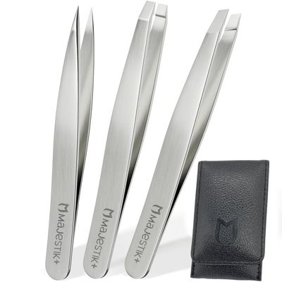 3pcs Tweezers Set with Leather Case - Stainless Steel, Slant, Straight and Pointed Tip Tweezers - Tweeze with Ease, Eyebrow and Nose Hair, Splinters & More