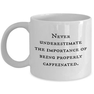 Funny and inexpensive gift for coffee lover -- Never underestimate the importance of being properly caffeinated. - 11 oz. ceramic coffee mug