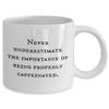 Funny and inexpensive gift for coffee lover -- Never underestimate the importance of being properly caffeinated. - 11 oz. ceramic coffee mug view 2