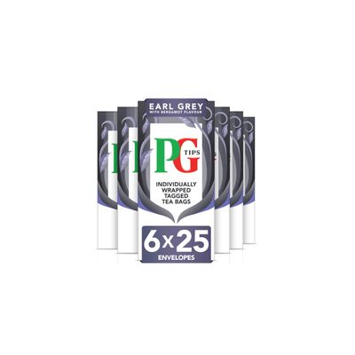 PG Tips Earl Grey Tea Bags, 150 Black Tea Enveloped Bags, Individually Wrapped, With Bergamot Flavour, Refreshing & Flavourful, Bulk Pack of 6
