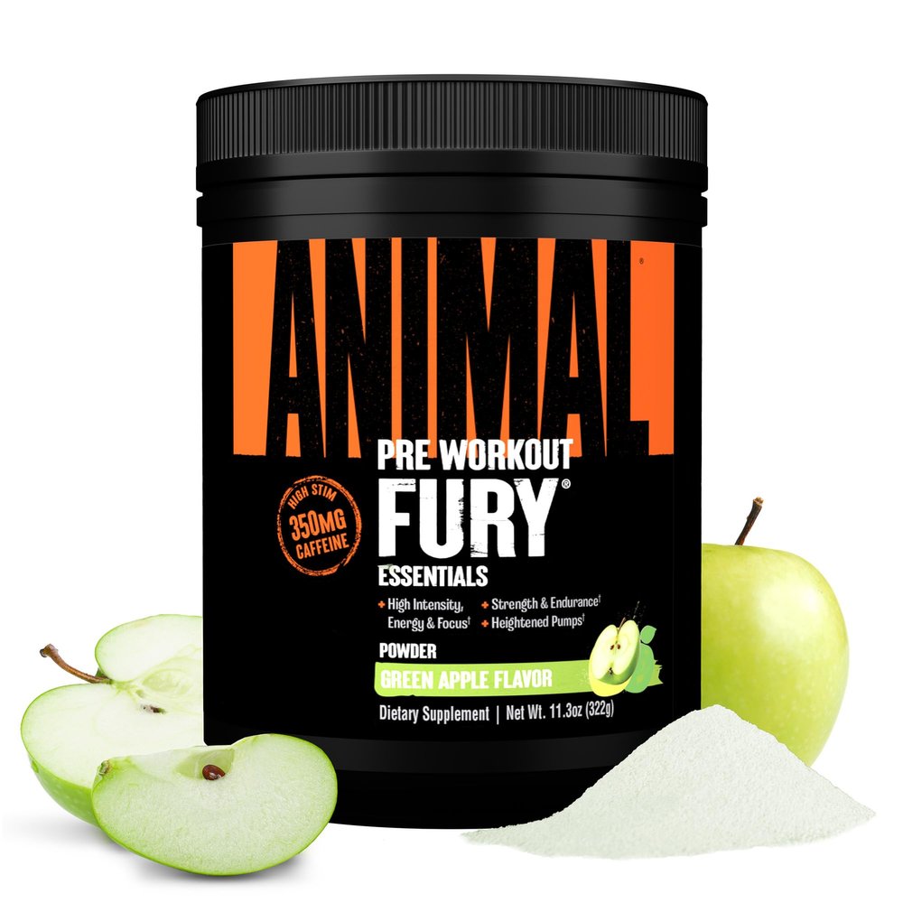 ANIMAL Fury Pre Workout Green Apple Training Booster with BCAA, beta-Alanine, citrulline & 350 mg Caffeine Sugar-Free pre-Workout Powder for Focus, Pump & Energy 30 Servings