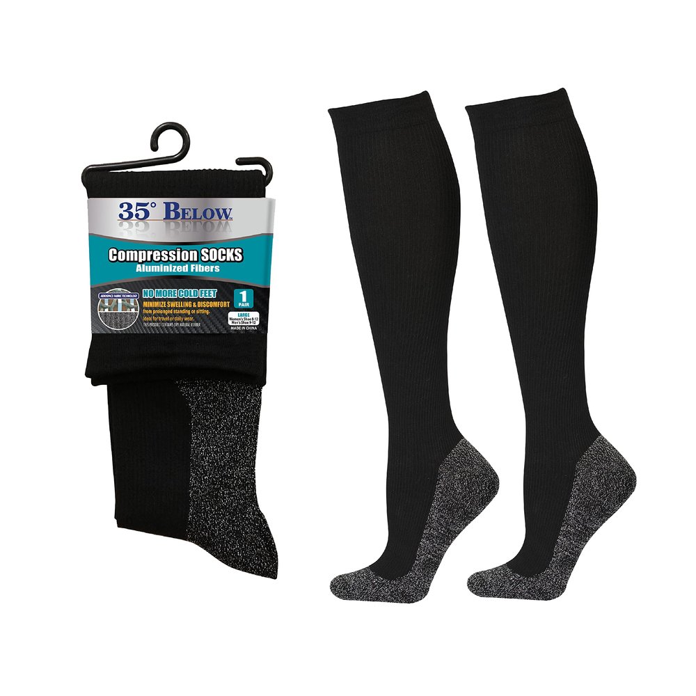 35 Below Compression Socks 1 Pair in Black; Size Large - 2-in-1 Compression & Warming Socks - Aluminized Thread with Aerospace Fabric Technology