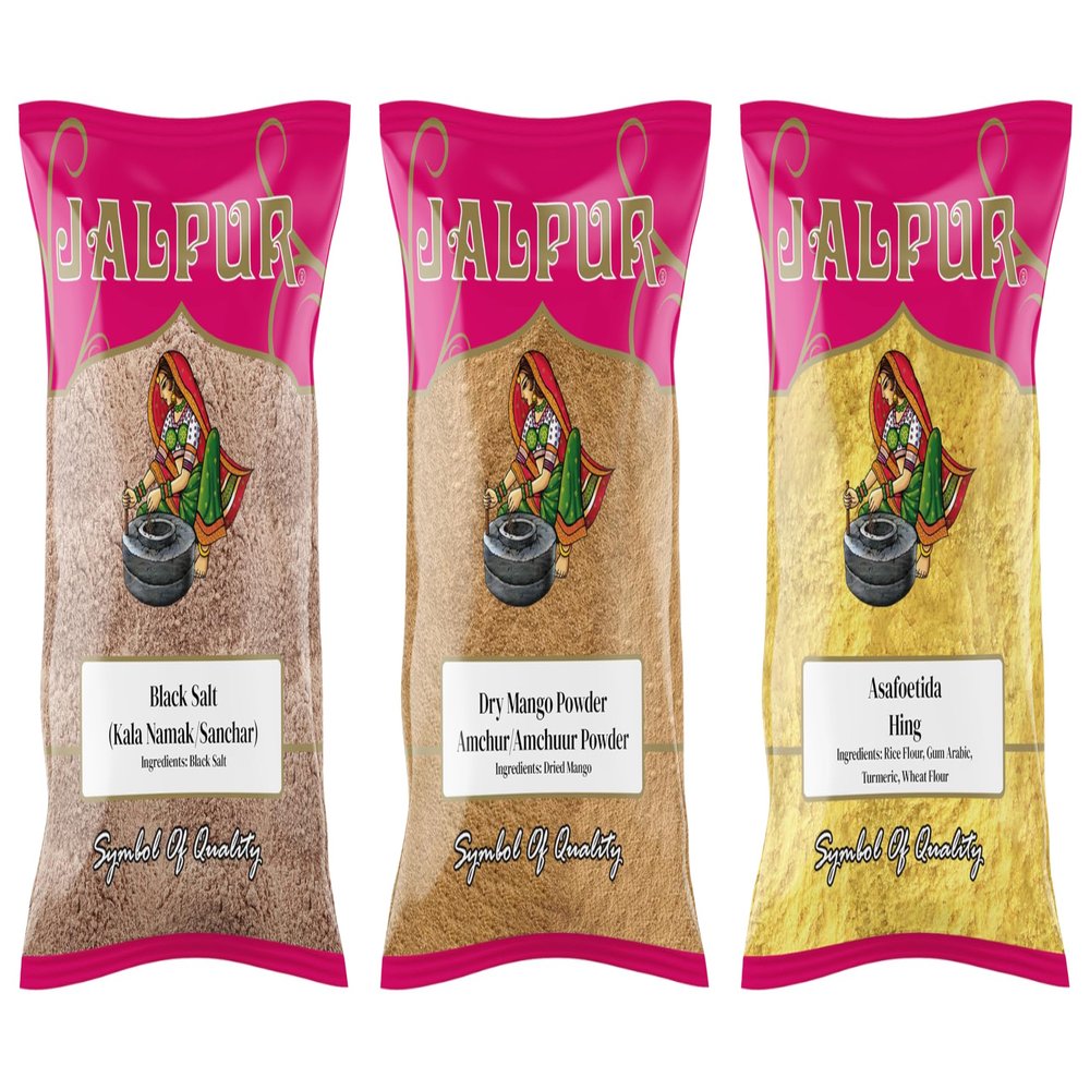 JALPUR MILLERS Spice Combo Pack Black Salt 100g, Mango Powder 100g, Asafoetida Powder 50g Essential Premium Indian Spices Freshly Packed, Aromatic & Authentic 3-Pack for Everyday Cooking
