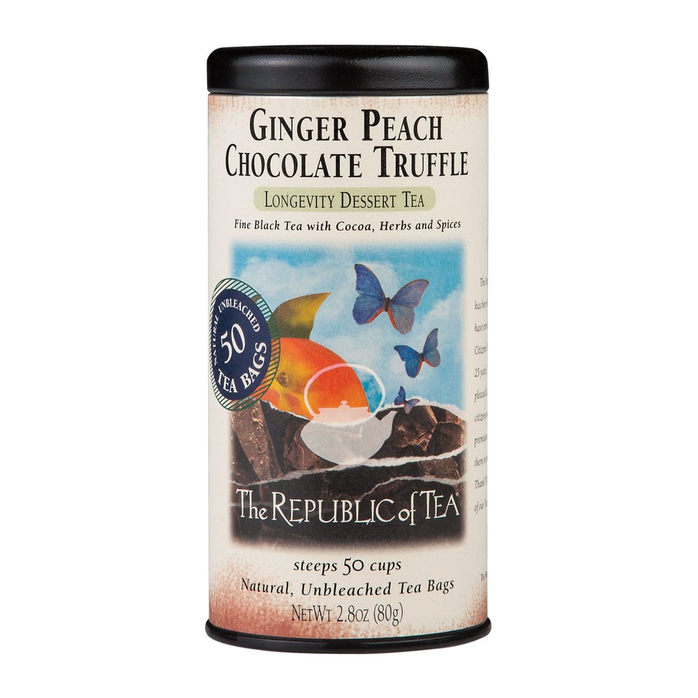 The Republic of Tea Ginger Peach Chocolate Truffle Black Tea, 50 tea bags in a pretty metal tin - black tea with ginger, peach and chocolate flavour