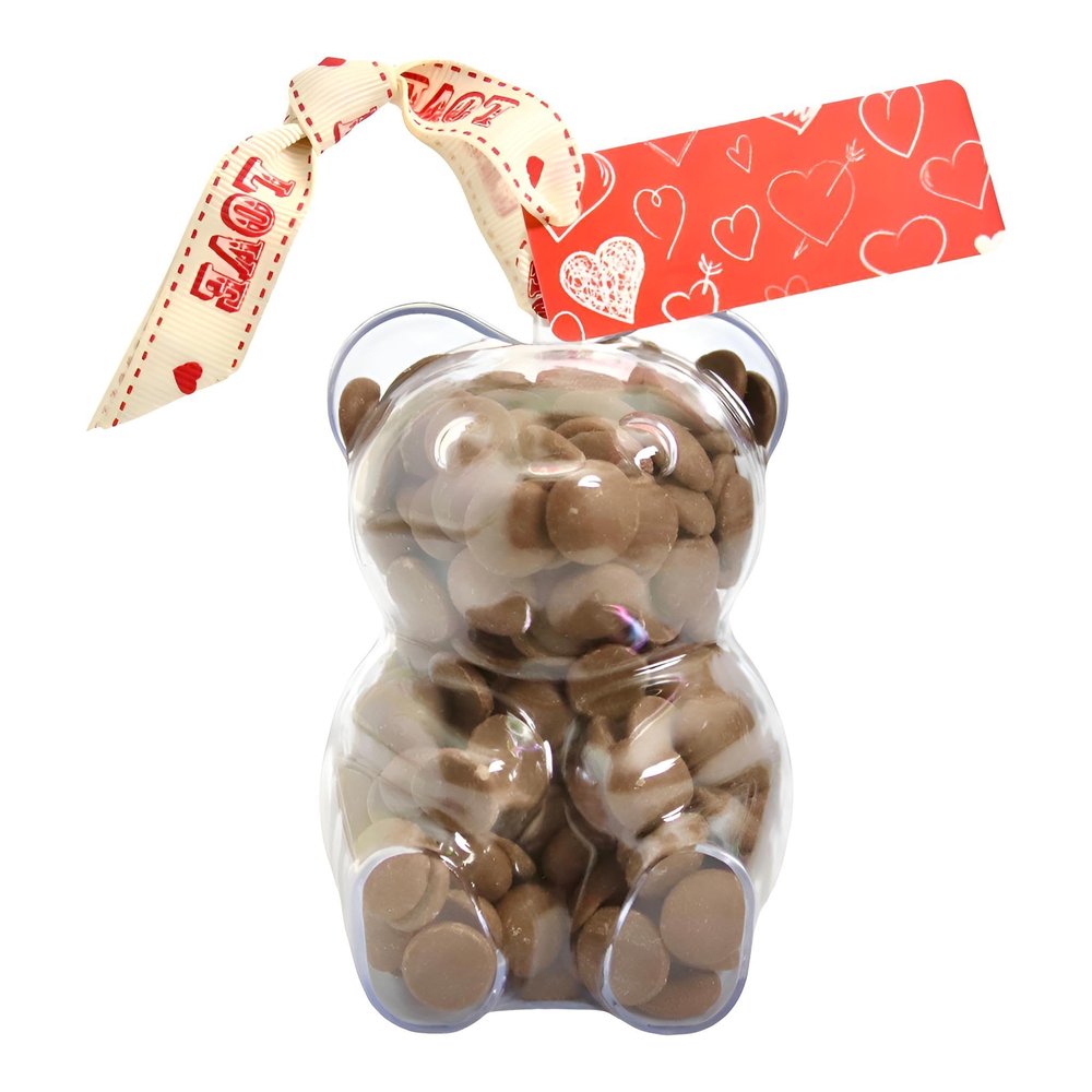 ButtonChocs Valentines Chocolate Teddy Bear - Lovehearts. Belgian Milk Chocolate Valentines Day Gift. Mothers Day Gift.