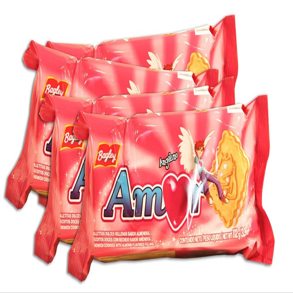 BAGLEY - AMOR Cookies. Sweet biscuits filled with almond flavour. Something sweet and tasty for any time of the day. PACK of 4 packs