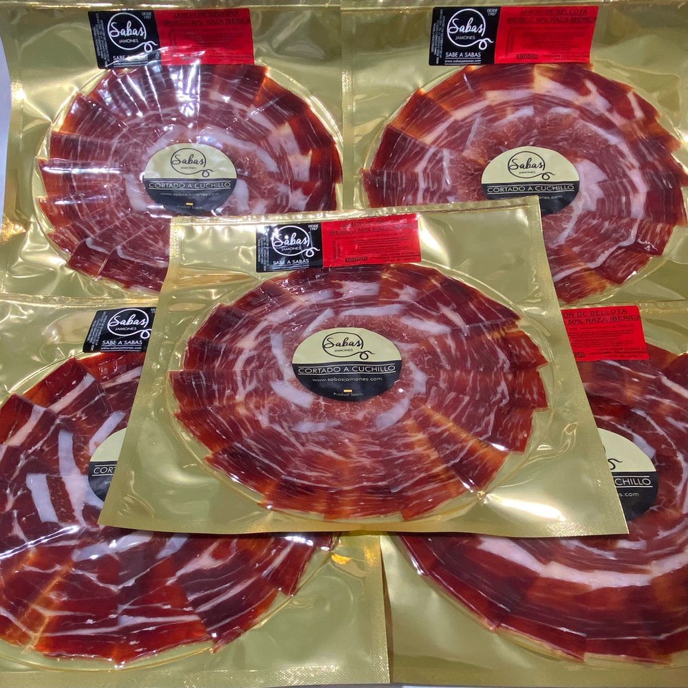 6 bags of 100g. of acorn-fed Iberian Ham (Jamn De Bellota Ibrico) 50% Iberian Breed. knife cut.