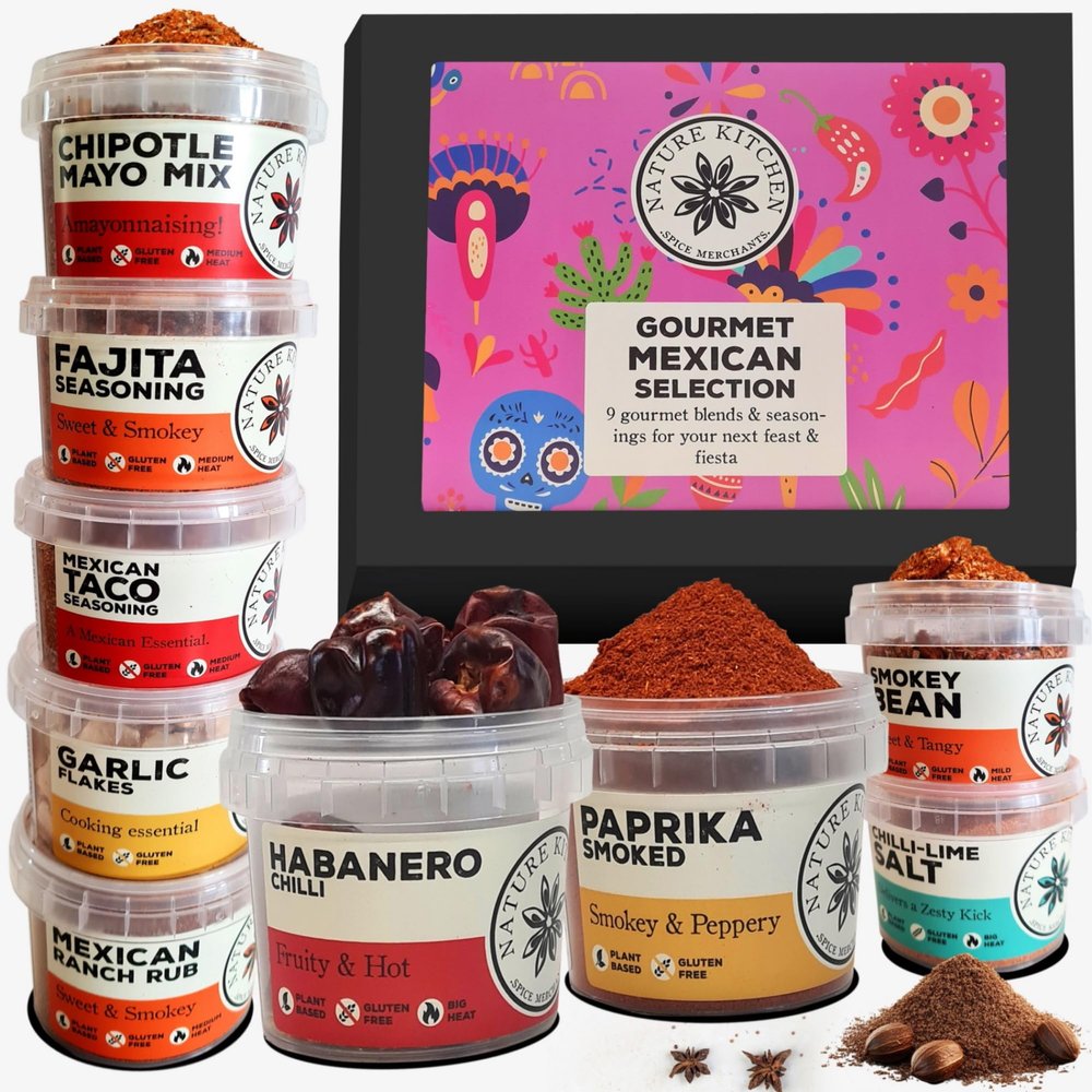 Nature Kitchen Mexican Gourmet Seasoning Mix Gift Set. 9X Spices for Taco, Fajita, Chilli, Enchiladas, Mexican Ranch Dishes and More. Includes Oregano, Thyme, Paprika, Coriander and Garlic