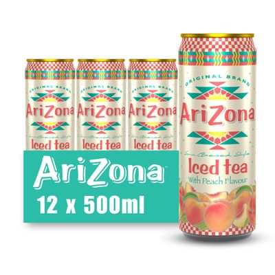 Arizona Peach Iced Tea, Pack of 12 x 500ml Cans, Black Tea with Peach Juice, No Artificial Colours or Preservatives